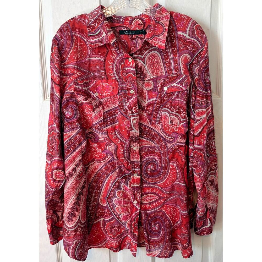 Ralph Lauren Red Paisley Print 2X Top Cotton Lawn Button Up Shirt Long Sleeve 20